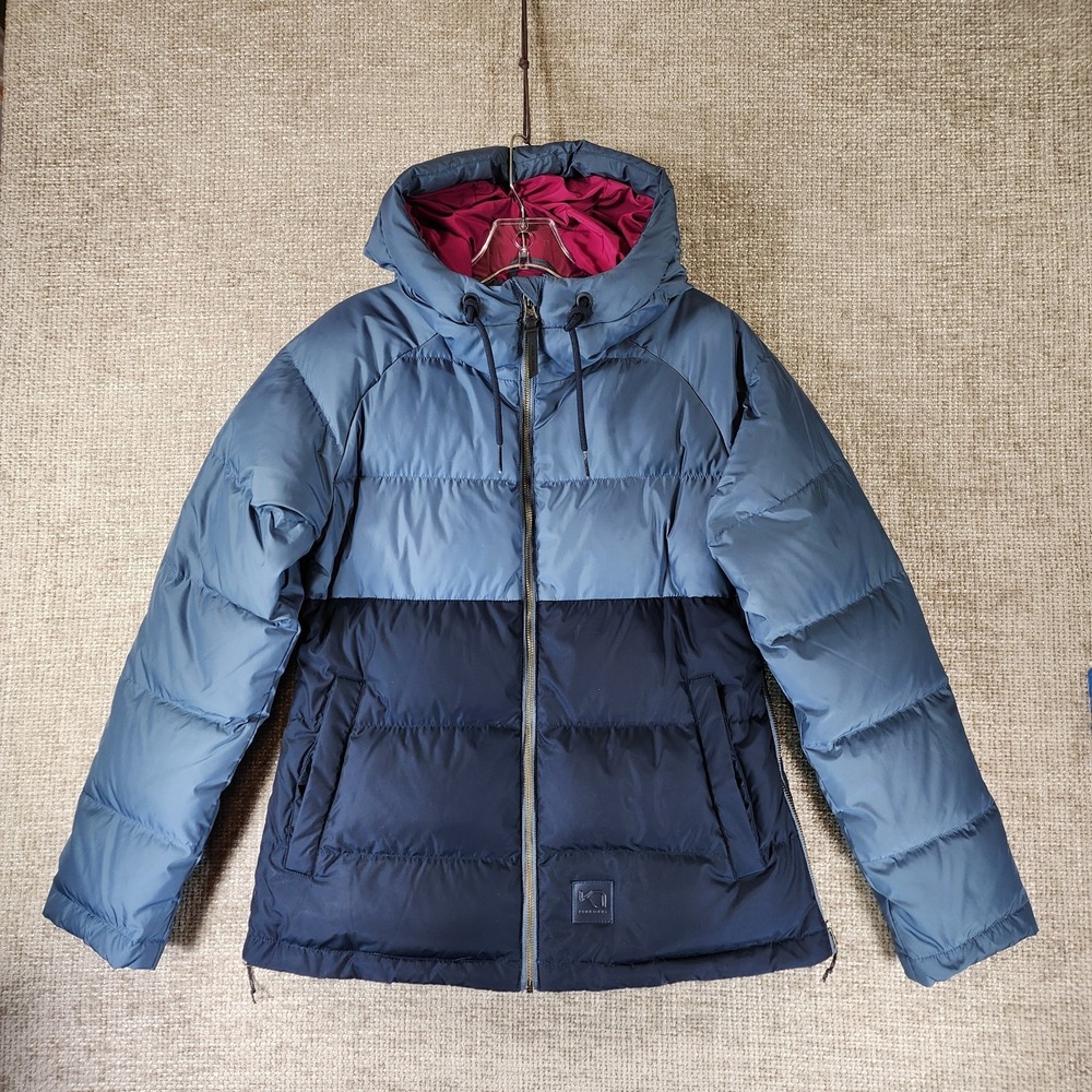 Kari Traa Down Puffer Jacket Womens S Blue 2-Tone Hooded Quilted Side Zip EUC